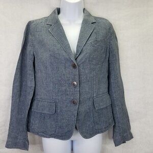 Talbots Classic Blazer Women 6 Blue Gray Linen Three Button Unstructured Jacket